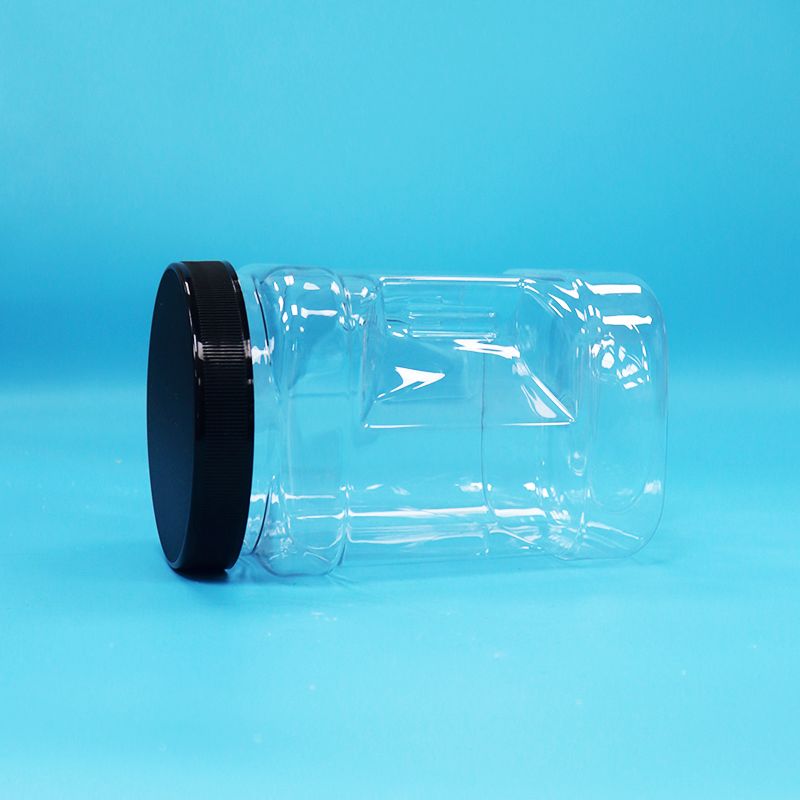 برطمانات بلاستيكية شفافة من البولي إيثيلين تيرفثالات على شكل مربع للفواكه المجففة والمكسرات مع أغطية سوداء مسطحة