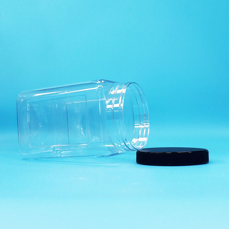 مرطبانات شفافة مربعة الشكل بلاستيك PET غطاء أسود للوجبات الخفيفة والحلوى والبسكويت والمعكرونة