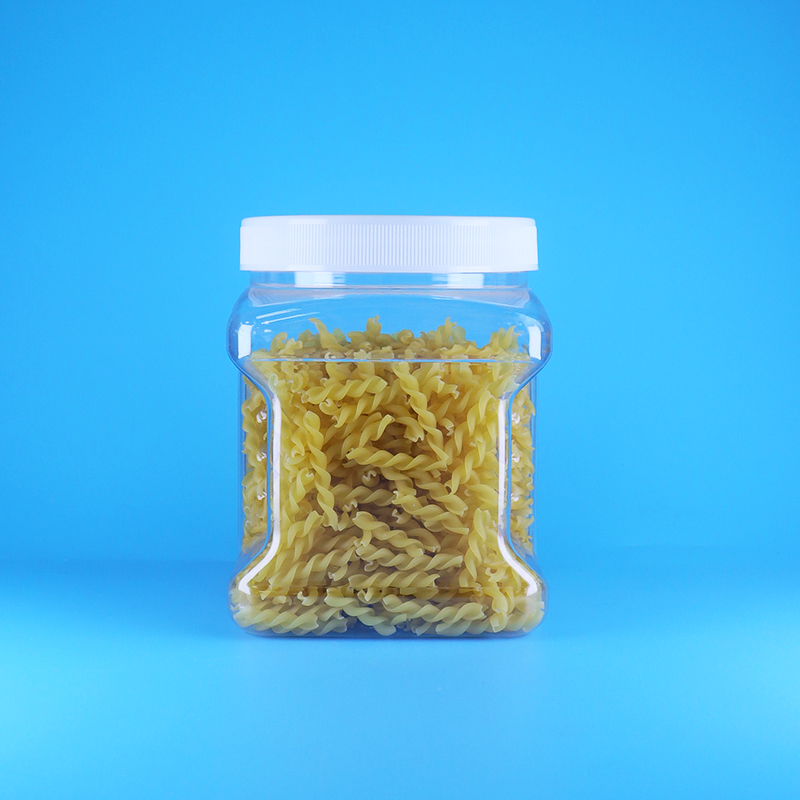 مرطبانات بلاستيكية شفافة مربعة من البولي إيثيلين تيرفثالات بغطاء مسطح لولبي مع مقبض للبسكويت وأصابع الإسفنج