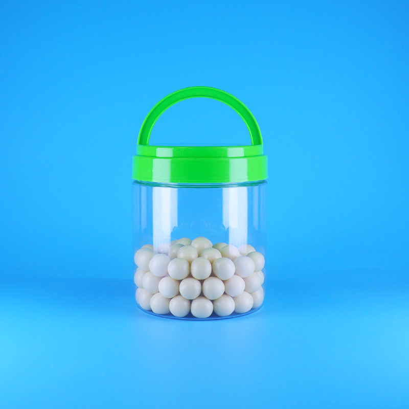 برطمان زبدة الفول السوداني البلاستيكي الشفاف المستدير الفارغ القابل للإغلاق بغطاء بمقبض لولبي وخالٍ من مادة BPA