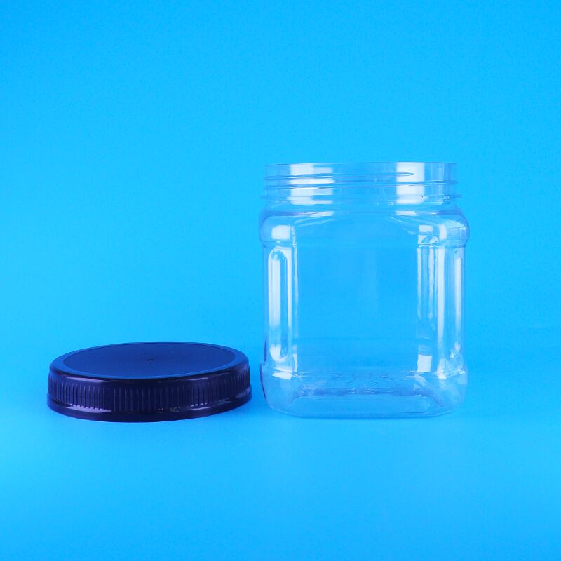 مرطبانات تخزين بلاستيكية مربعة شفافة خالية من الهواء بغطاء لولبي للوجبات الخفيفة والزبيب والفول العريض والصنوبر