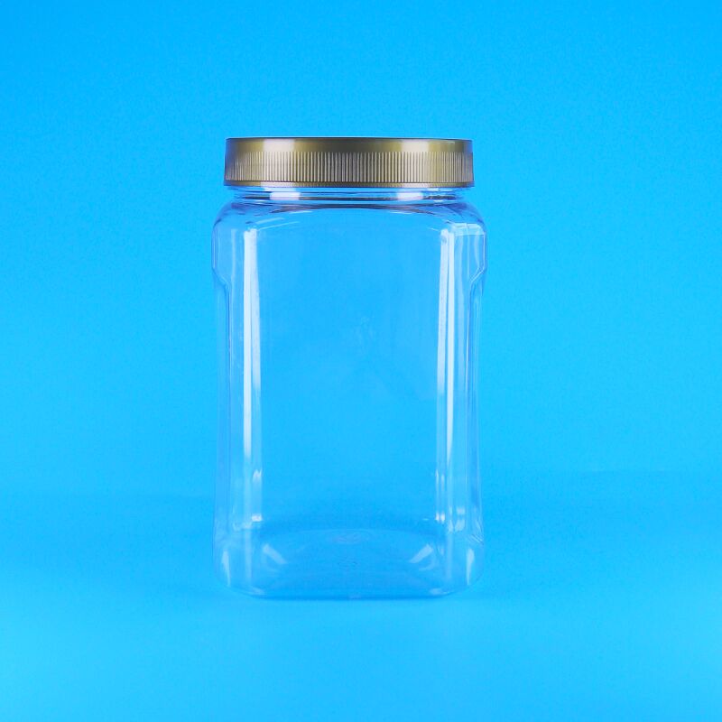 جرة طعام بلاستيكية مربعة الشكل شفافة بغطاء بني، صالحة للأكل، لحفظ البسكويت واللوز والفواكه المجففة