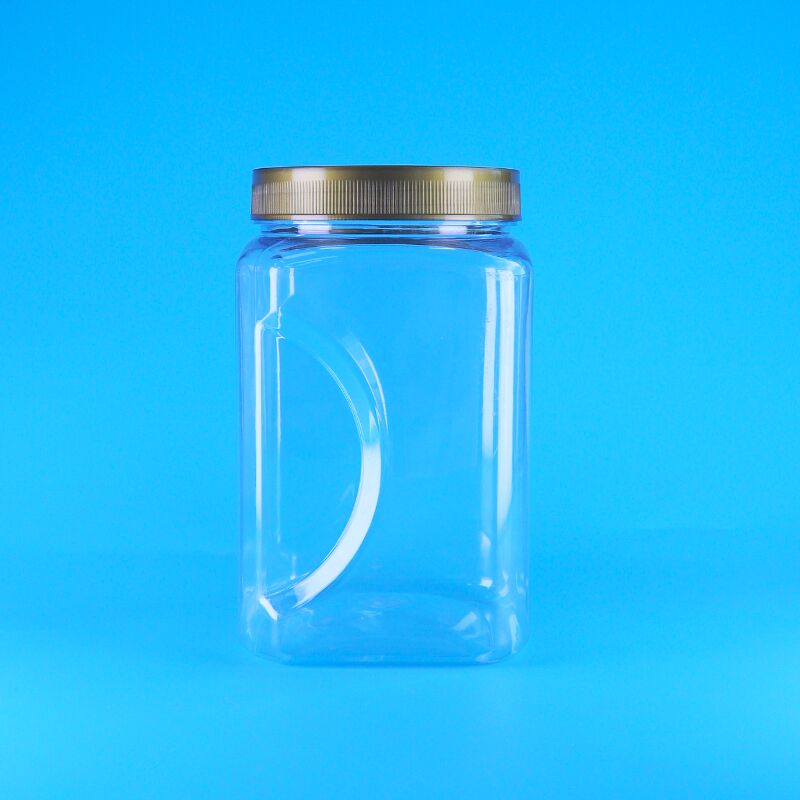 جرة طعام بلاستيكية مربعة الشكل شفافة بغطاء بني، صالحة للأكل، لحفظ البسكويت واللوز والفواكه المجففة