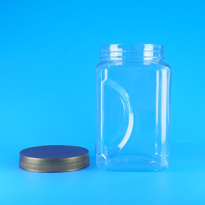 جرة طعام بلاستيكية مربعة الشكل شفافة بغطاء بني، صالحة للأكل، لحفظ البسكويت واللوز والفواكه المجففة