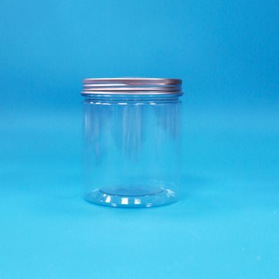 برطمان تعبئة حلوى شفاف مستدير بفم واسع من البلاستيك PET بدرجة الغذاء وغطاء ألومنيوم