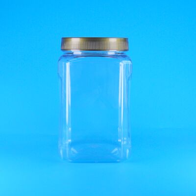 جرة طعام بلاستيكية مربعة الشكل شفافة بغطاء بني، صالحة للأكل، لحفظ البسكويت واللوز والفواكه المجففة